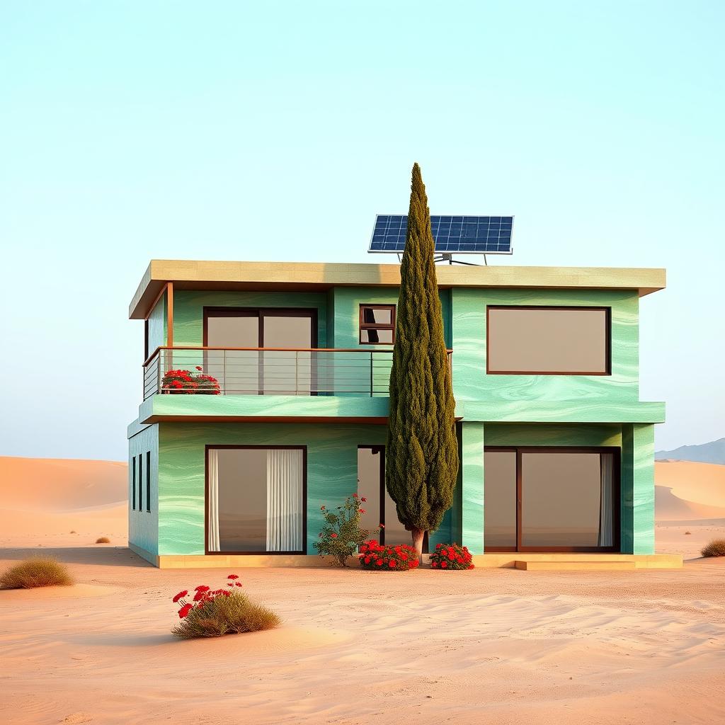 A stunning two-story house located in a vast desert landscape