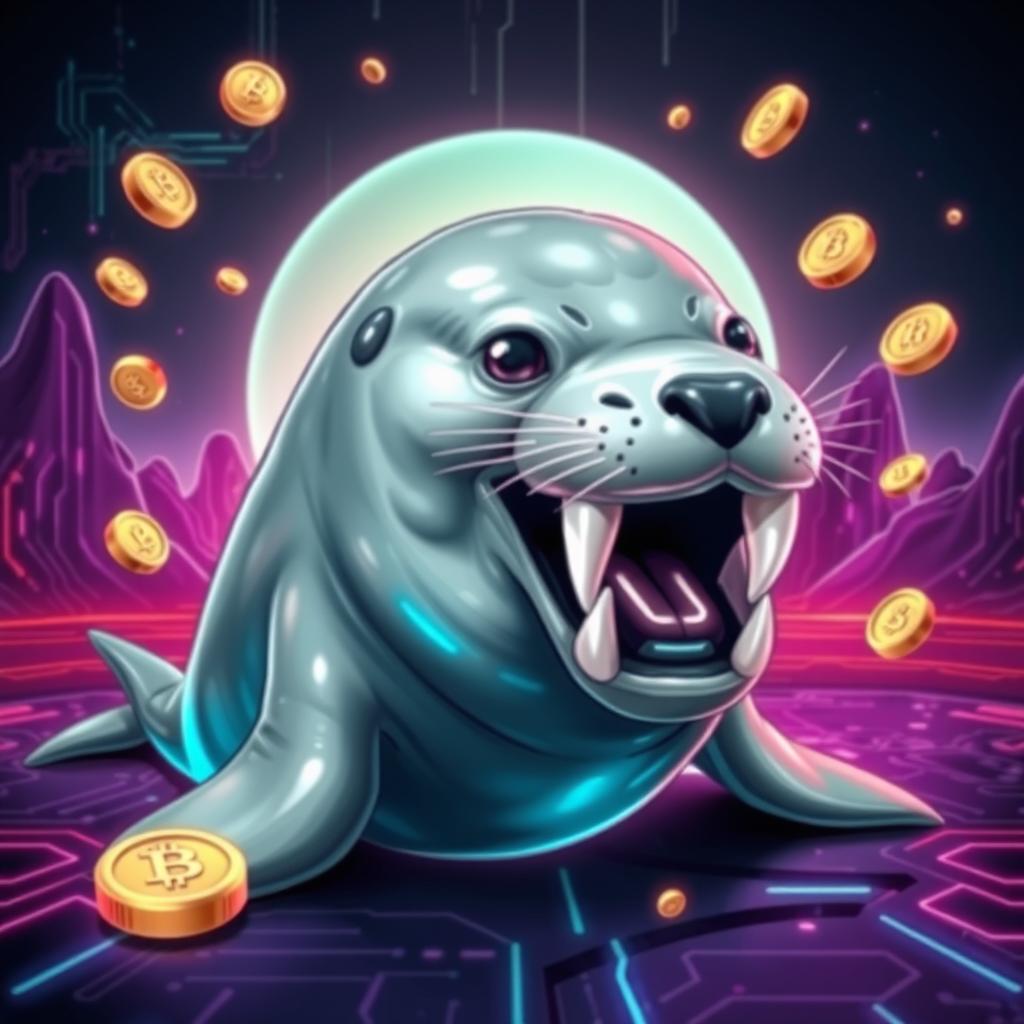 A futuristic seal with large, menacing fangs, themed around cryptocurrency