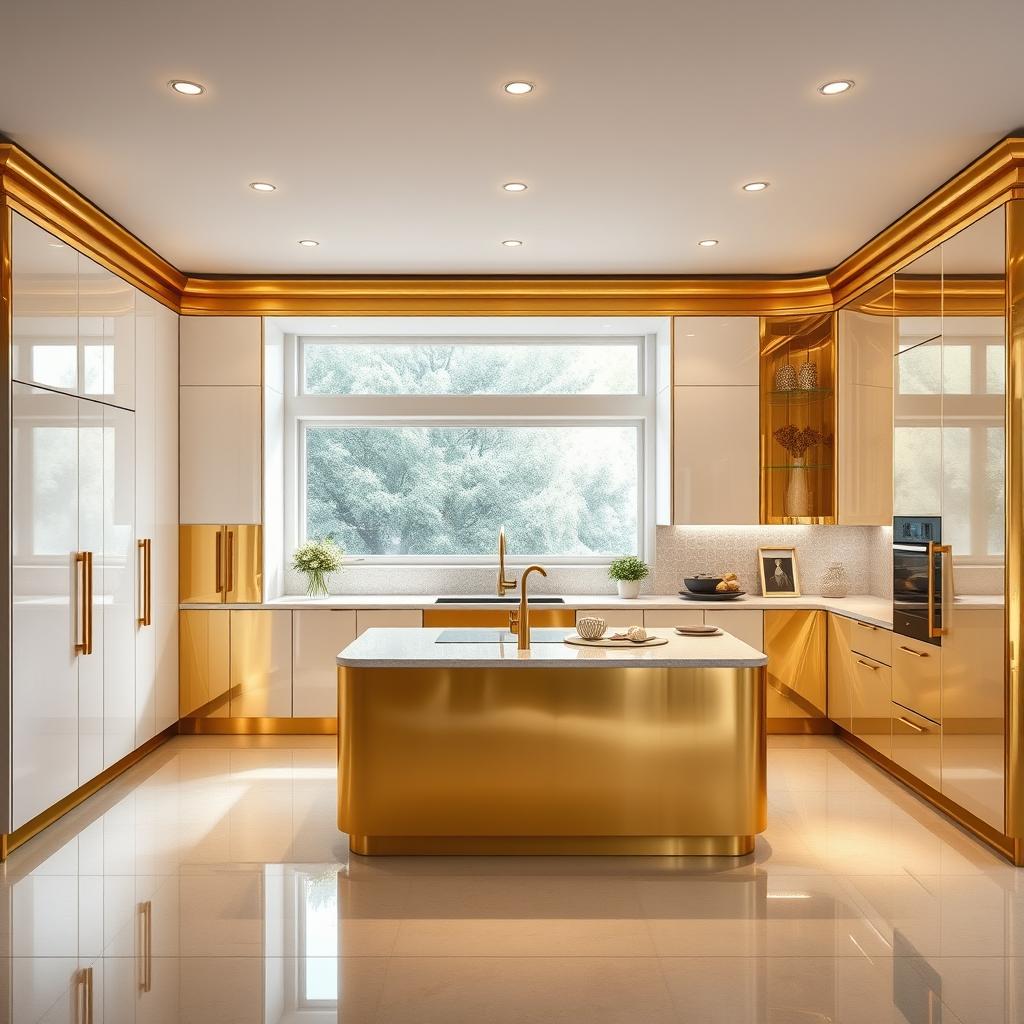 A modern kitchen featuring elegant golden and white membrane cabinets, complemented by a stylish island in the center