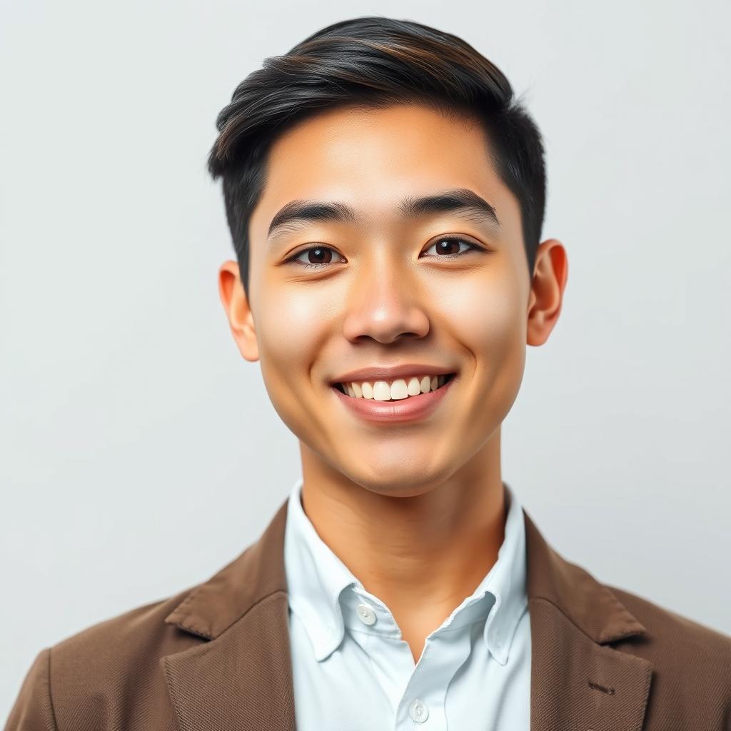 A professional ID photo featuring a confident young adult with a natural smile, wearing a smart casual outfit