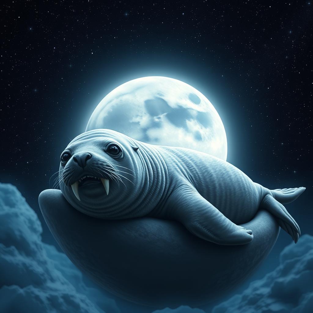 A majestic seal with striking features, showcasing its sharp fangs, lounging on a surreal moon