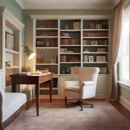 A cozy and well-illuminated study room, filled with academic touches like a sturdy desk, comfortable chair, bookshelves, and a soft reading lamp.