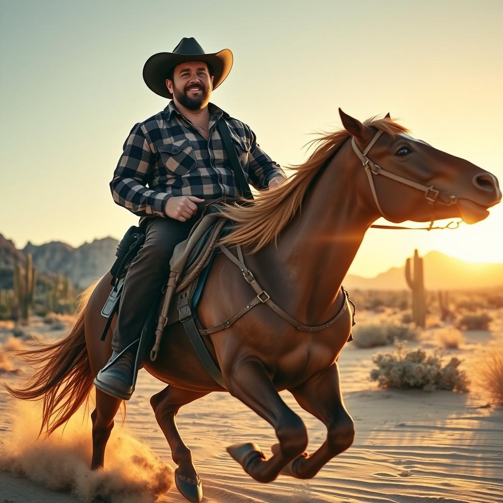 A rugged cowboy with a strong build, wearing a wide-brimmed hat, leather chaps, and a plaid shirt, confidently riding a majestic mustang through a sunlit desert landscape
