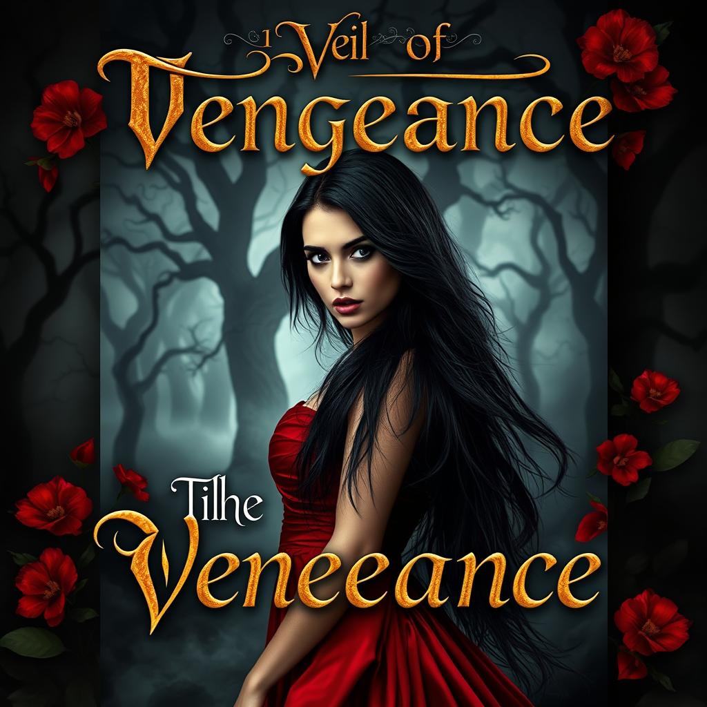A captivating book cover for a dark romance novel titled 'The Veil of Vengeance'