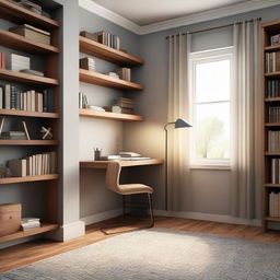 A cozy and well-illuminated study room, filled with academic touches like a sturdy desk, comfortable chair, bookshelves, and a soft reading lamp.