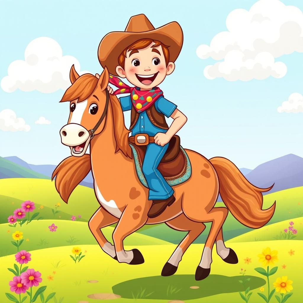 A friendly and adventurous cowboy with a cheerful smile, wearing a colorful bandana, denim jeans, and a bright blue shirt, riding a playful mustang with a shiny coat and a fluffy tail