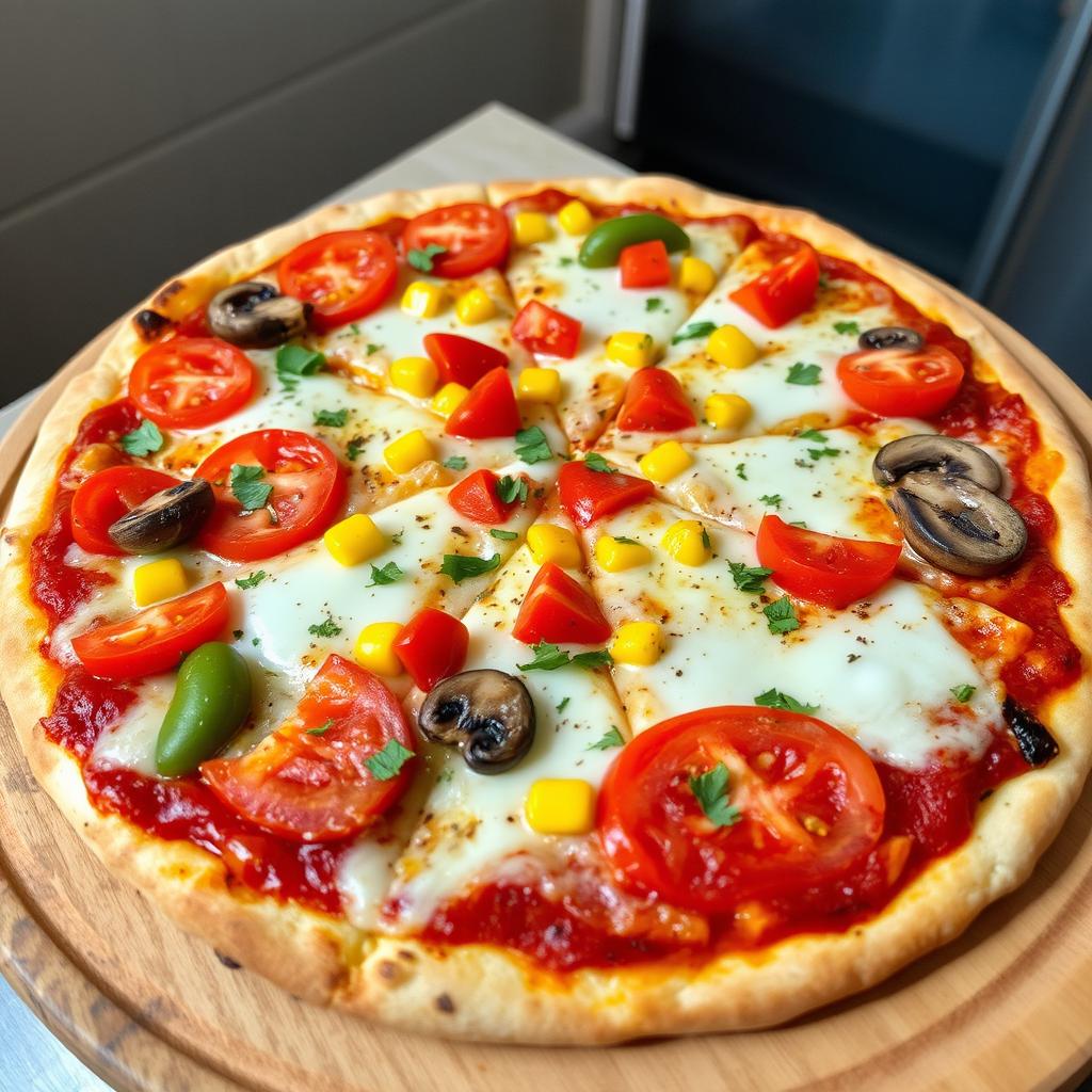 A delicious pizza topped with fresh tomatoes, sweet corn, mushrooms, and vibrant capsicum, all melted under a layer of gooey mozzarella cheese