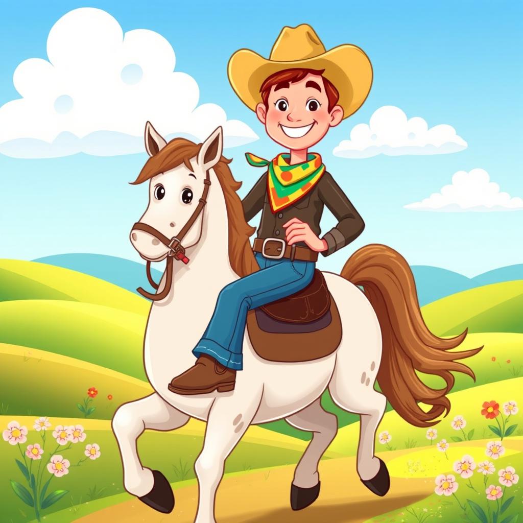 A friendly adult cowboy with a warm smile, wearing a classic cowboy hat, denim jeans, and a colorful bandana around his neck, riding a lively mustang with a shiny coat and a spirited personality