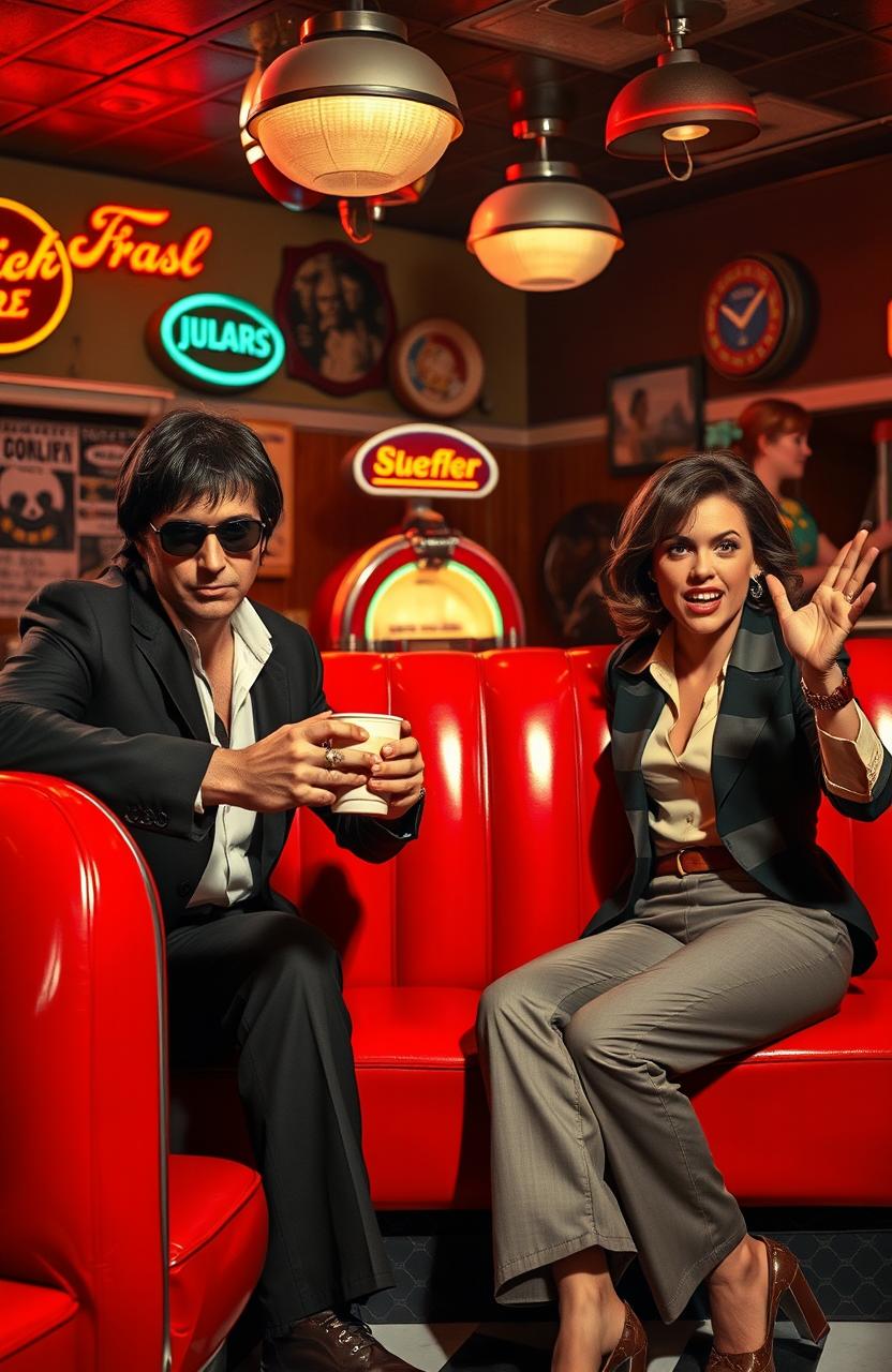 A dynamic scene reminiscent of a Pulp Fiction style, featuring two iconic characters dressed in 90s attire, sitting in a vintage diner with a glossy red vinyl booth
