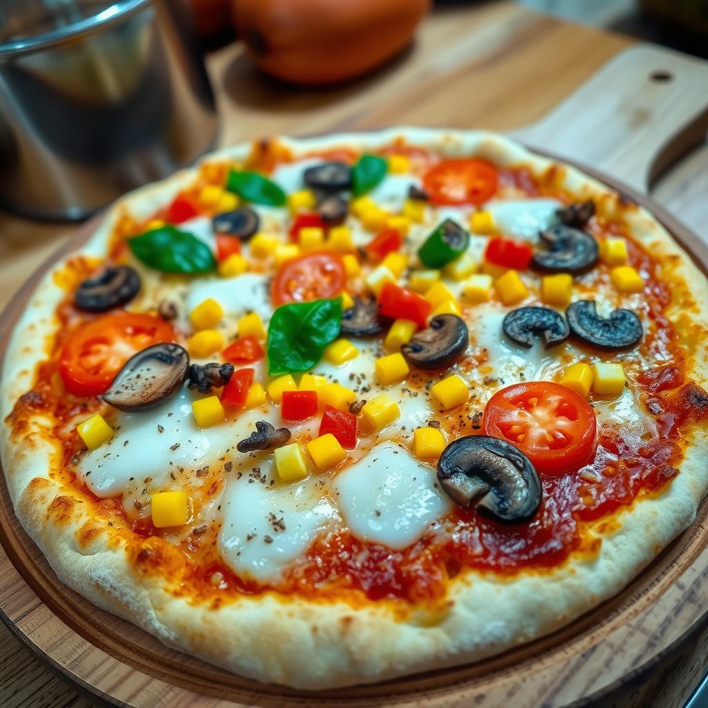 A mouthwatering pizza topped with fresh tomatoes, sweet corn, mushrooms, and vibrant capsicum, all layered beneath melted mozzarella cheese
