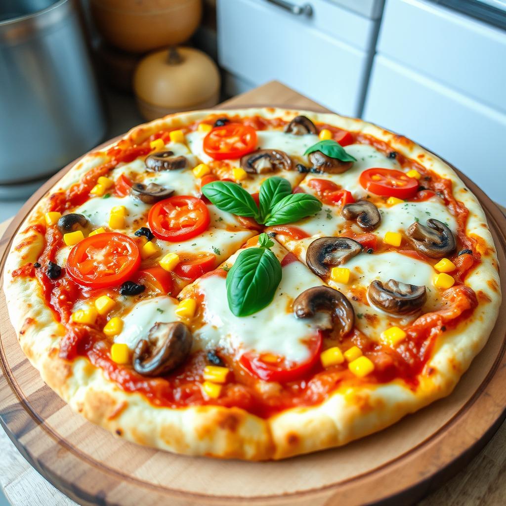 A delicious pizza topped with fresh tomatoes, sweet corn, mushrooms, and vibrant capsicum, all melted under a layer of gooey mozzarella cheese