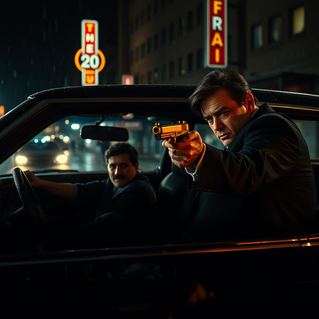 A gripping scene inspired by 1990s crime noir thriller aesthetics, featuring a mysterious man in a sharp black suit, dramatically shooting a man in the driving seat of a black 1976 Chevy Impala
