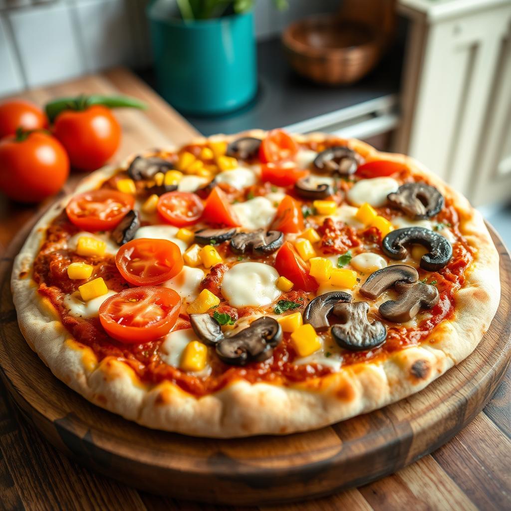 A tantalizing pizza topped with fresh, ripe tomatoes, sweet corn, tender mushrooms, and colorful capsicum, all beautifully melted together with gooey mozzarella cheese