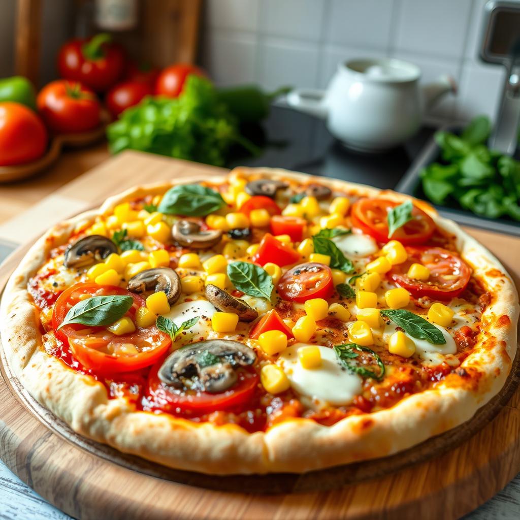 A delectable pizza featuring a topping of fresh, juicy tomatoes, sweet corn, succulent mushrooms, and colorful capsicum, all melded together under a generous layer of melted mozzarella cheese