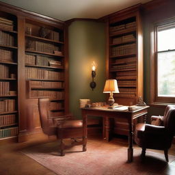 An inviting study room filled with shelves of assorted books, a sturdy oak desk, a comfortable leather chair, and a warm antique lamp shedding soft light creating a cozy ambiance.