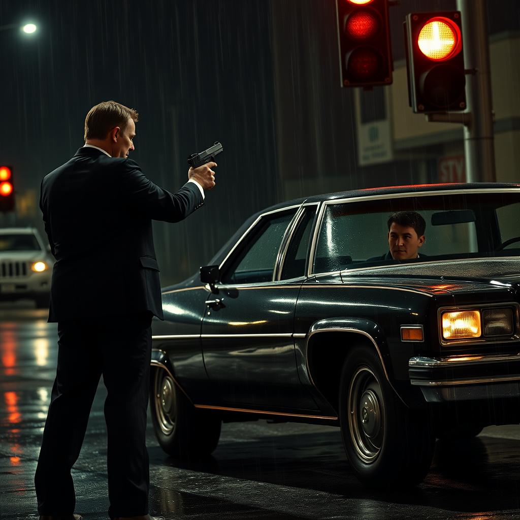 An intense scene inspired by 1990s crime noir thrillers, capturing a moment at a red stoplight where a mysterious man in a sleek black suit approaches a black 1976 Chevy Impala