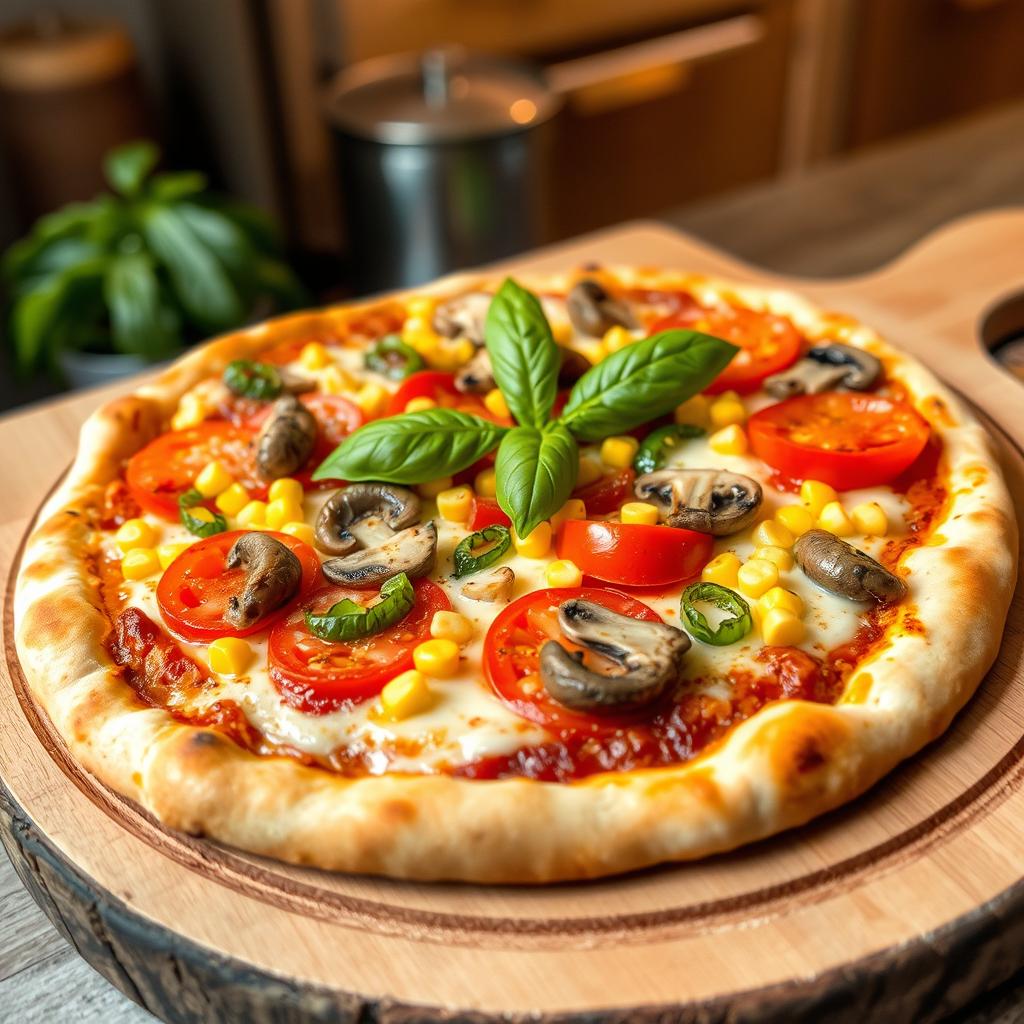 A delicious pizza prominently topped with fresh tomatoes, sweet corn, mushrooms, and vibrant green capsicum, all melted together under a generous layer of gooey mozzarella cheese