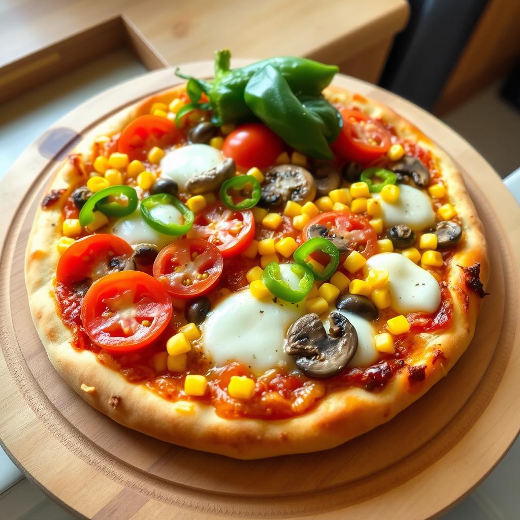 A scrumptious pizza featuring fresh, juicy tomatoes, sweet corn, and tender mushrooms, all generously combined under a blanket of melted mozzarella cheese