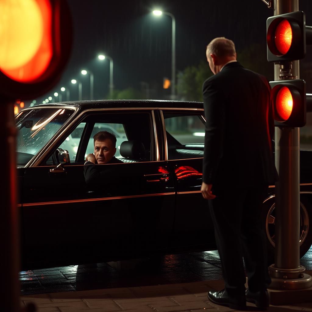 An intense scene inspired by 1990s crime noir thriller aesthetics, set at a red stoplight where a mysterious man in a sleek black suit approaches the driver's side of a black 1976 Chevy Impala