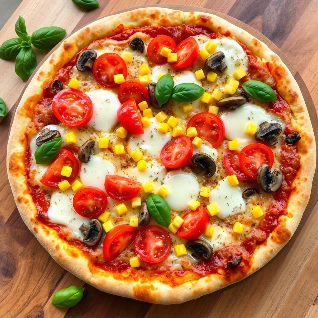 A delicious pizza topped with fresh tomatoes, sweet corn, and mushrooms, all embraced by a blanket of melted mozzarella cheese