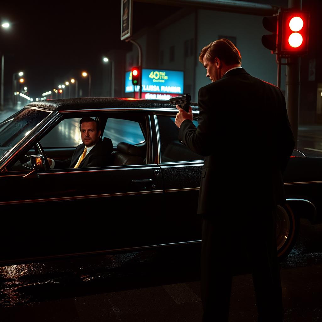 An intense 1990s crime noir thriller scene set at a red stoplight, depicting a mysterious man in a sleek black suit holding a gun as he approaches the driver's side of a black 1976 Chevy Impala