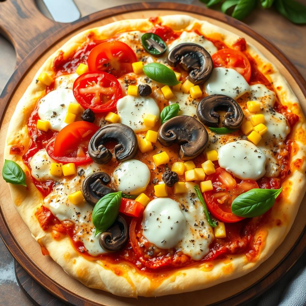 A mouth-watering pizza topped with fresh, juicy tomatoes, sweet corn, tender mushrooms, and vibrant green capsicum, all layered with a generous amount of melted mozzarella cheese