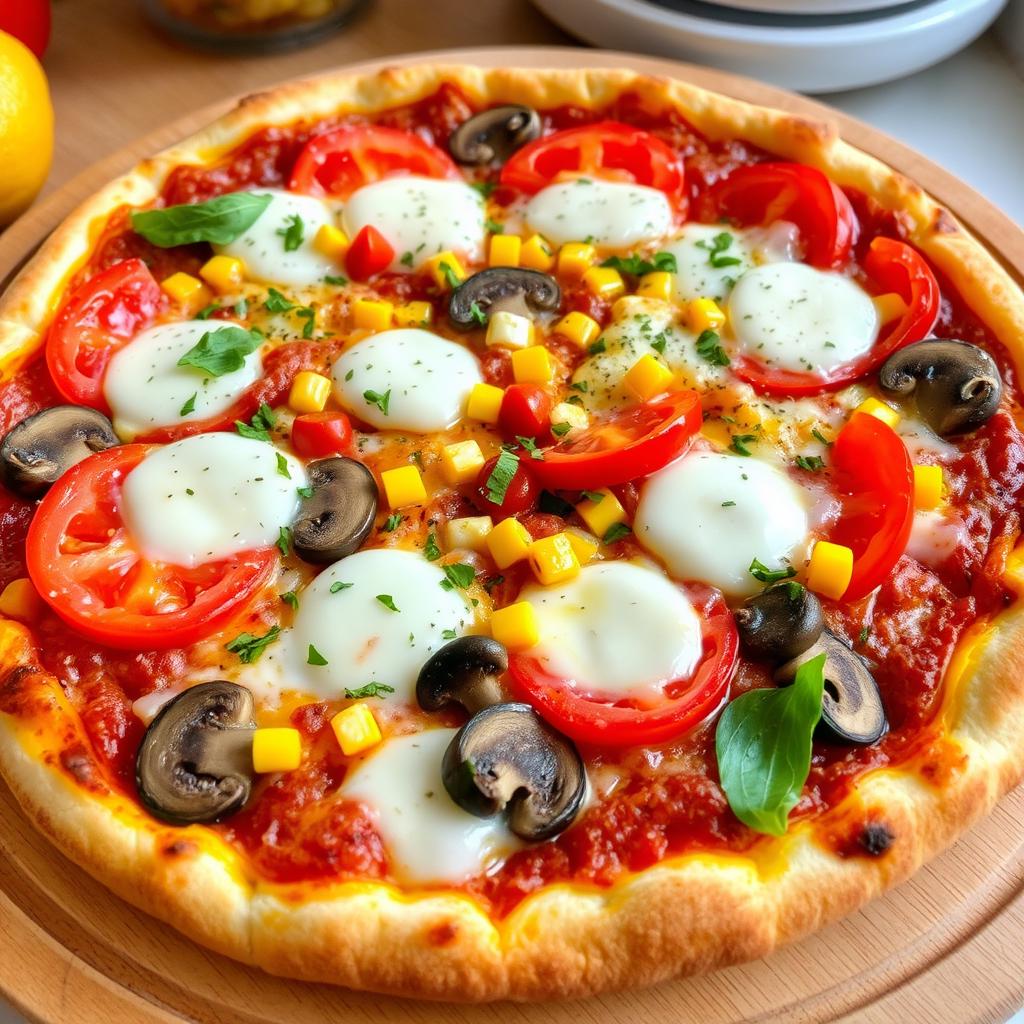 A vibrant pizza topped with fresh, juicy tomatoes, sweet corn kernels bursting with flavor, earthy mushrooms sliced thinly, and colorful capsicum (bell peppers) in a mix of red and green, all beautifully melted under a generous layer of gooey mozzarella cheese for a refreshing and delicious bite