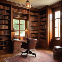 An inviting study room filled with shelves of assorted books, a sturdy oak desk, a comfortable leather chair, and a warm antique lamp shedding soft light creating a cozy ambiance.