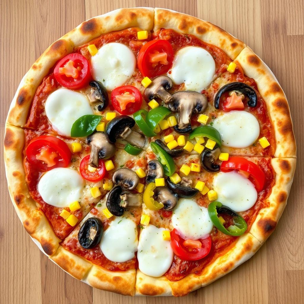 A delectable pizza showcasing a colorful array of toppings: juicy, fresh tomatoes, sweet corn kernels, tender mushrooms, and vibrant capsicum, all harmoniously combined with melted mozzarella cheese