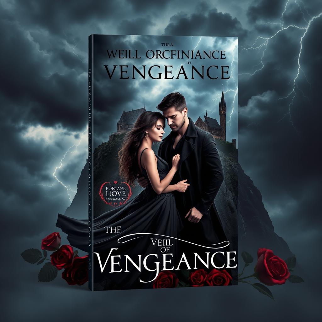 An enthralling book cover for a dark romance novel titled 'The Veil of Vengeance'