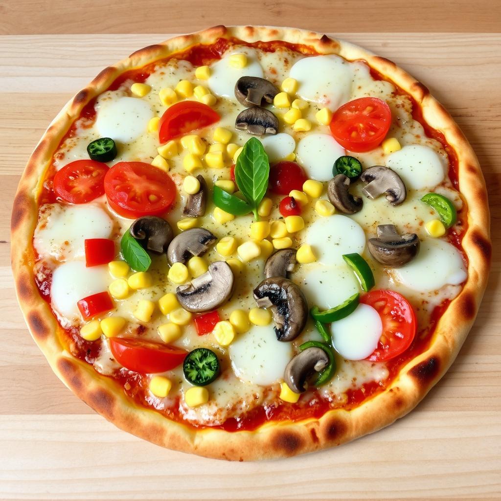 A delightful pizza topped with an array of fresh ingredients: juicy, ripe tomatoes, sweet corn kernels, tender mushrooms, and vibrant capsicum, all generously layered beneath a gooey blanket of melted mozzarella cheese