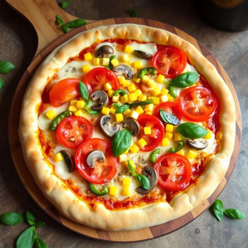 A delicious pizza topped with fresh, juicy tomatoes, sweet corn, tender mushrooms, and vibrant green capsicum, all combined beneath a layer of melted mozzarella cheese