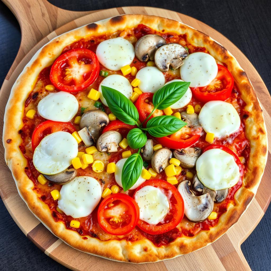 A delicious pizza featuring a colorful array of fresh ingredients: vibrant, ripe tomatoes sliced and arranged artfully, sweet corn kernels adding a pop of color and flavor, earthy mushrooms delicately sliced, and crunchy capsicum (bell peppers) in bright red and green