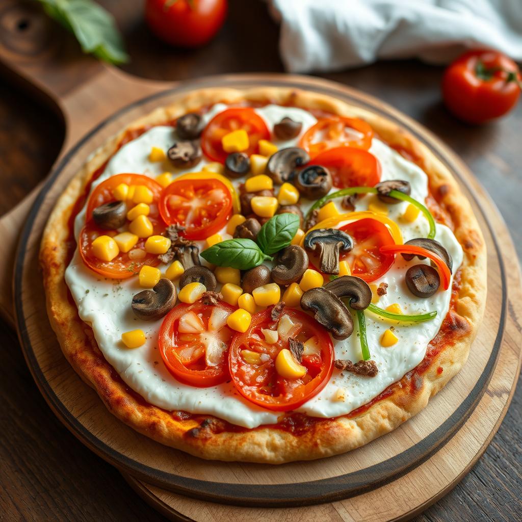 A beautifully crafted pizza showcasing a generous layer of melted mozzarella cheese topped with fresh, ripe tomatoes, sweet corn kernels, earthy mushrooms, and vibrant capsicum strips