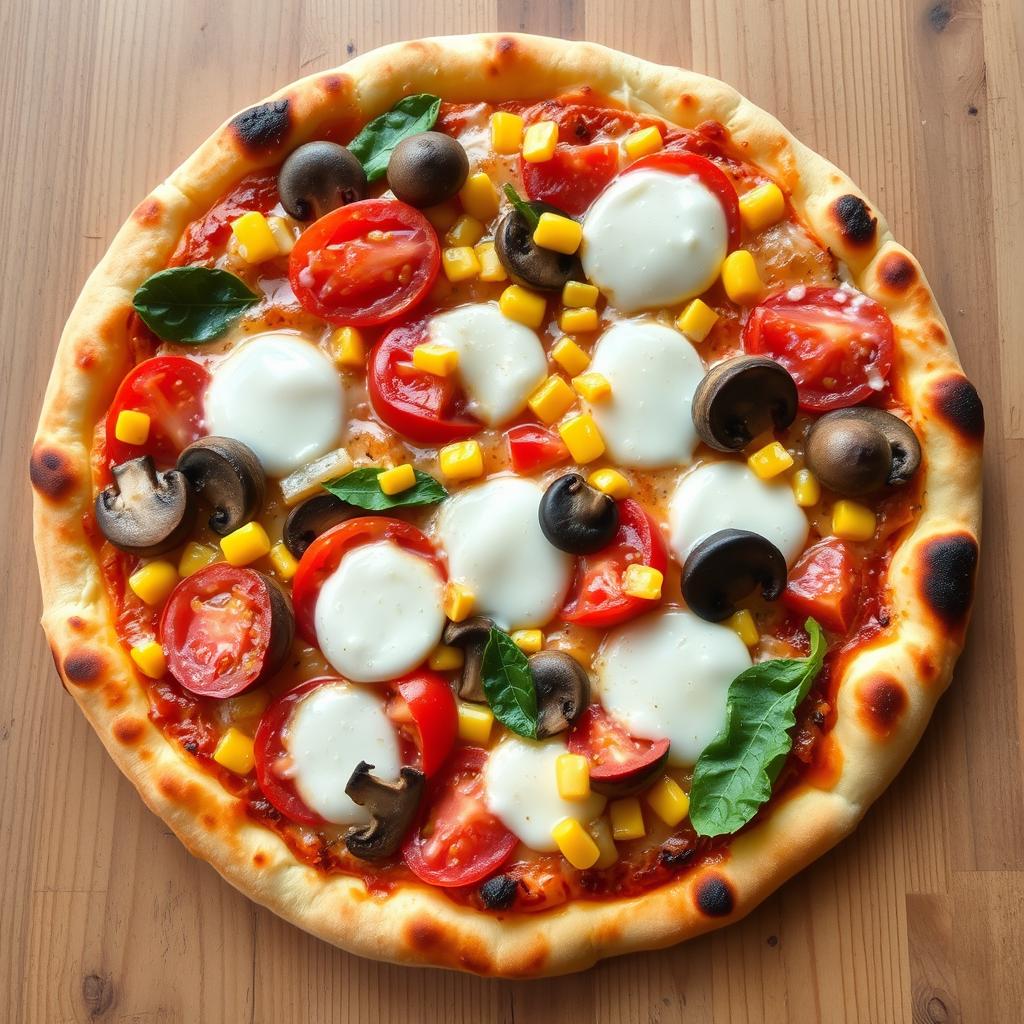 A mouth-watering pizza adorned with fresh, juicy tomatoes, sweet corn kernels, tender mushrooms, and vibrant capsicum, all beautifully combined and topped with a generous layer of melted mozzarella cheese