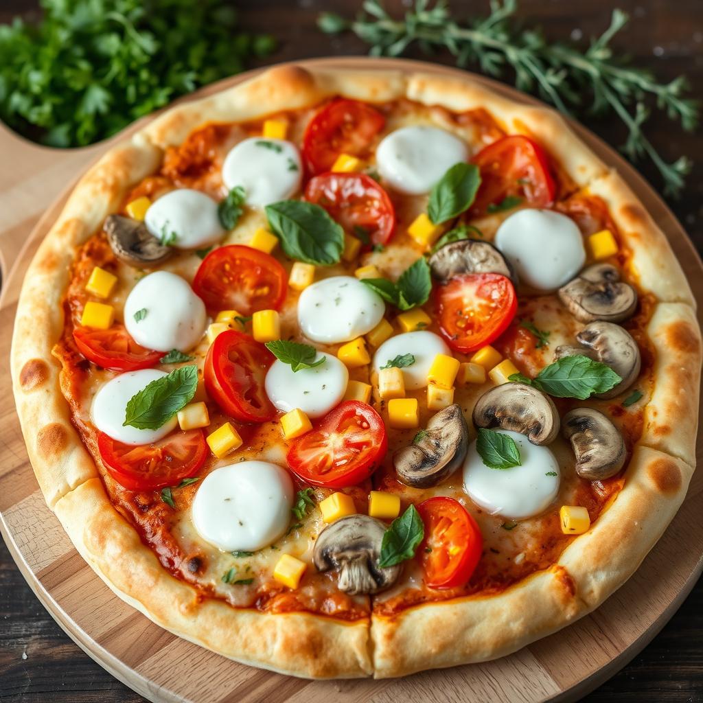 An appetizing pizza featuring a vibrant combination of fresh ingredients: juicy tomatoes, sweet corn, sliced mushrooms, and colorful capsicum, all generously topped with melted mozzarella cheese