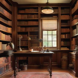 An inviting study room filled with shelves of assorted books, a sturdy oak desk, a comfortable leather chair, and a warm antique lamp shedding soft light creating a cozy ambiance.