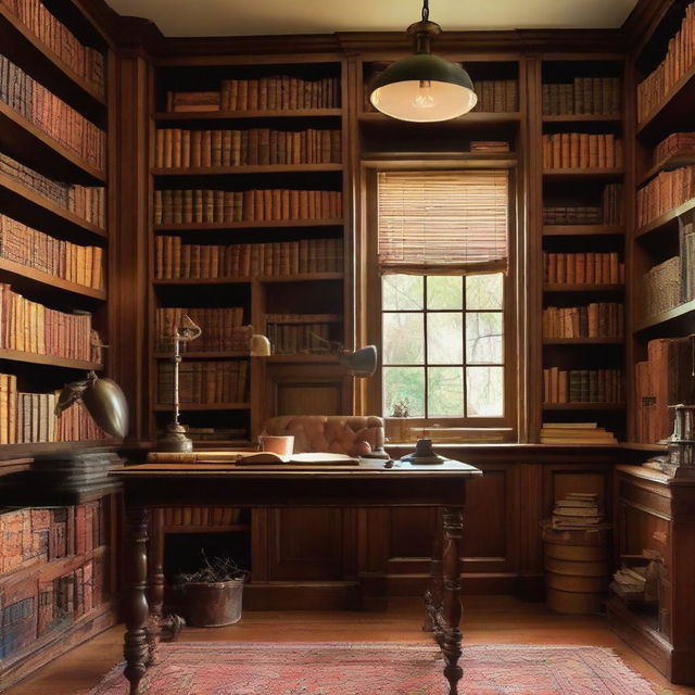 An inviting study room filled with shelves of assorted books, a sturdy oak desk, a comfortable leather chair, and a warm antique lamp shedding soft light creating a cozy ambiance.