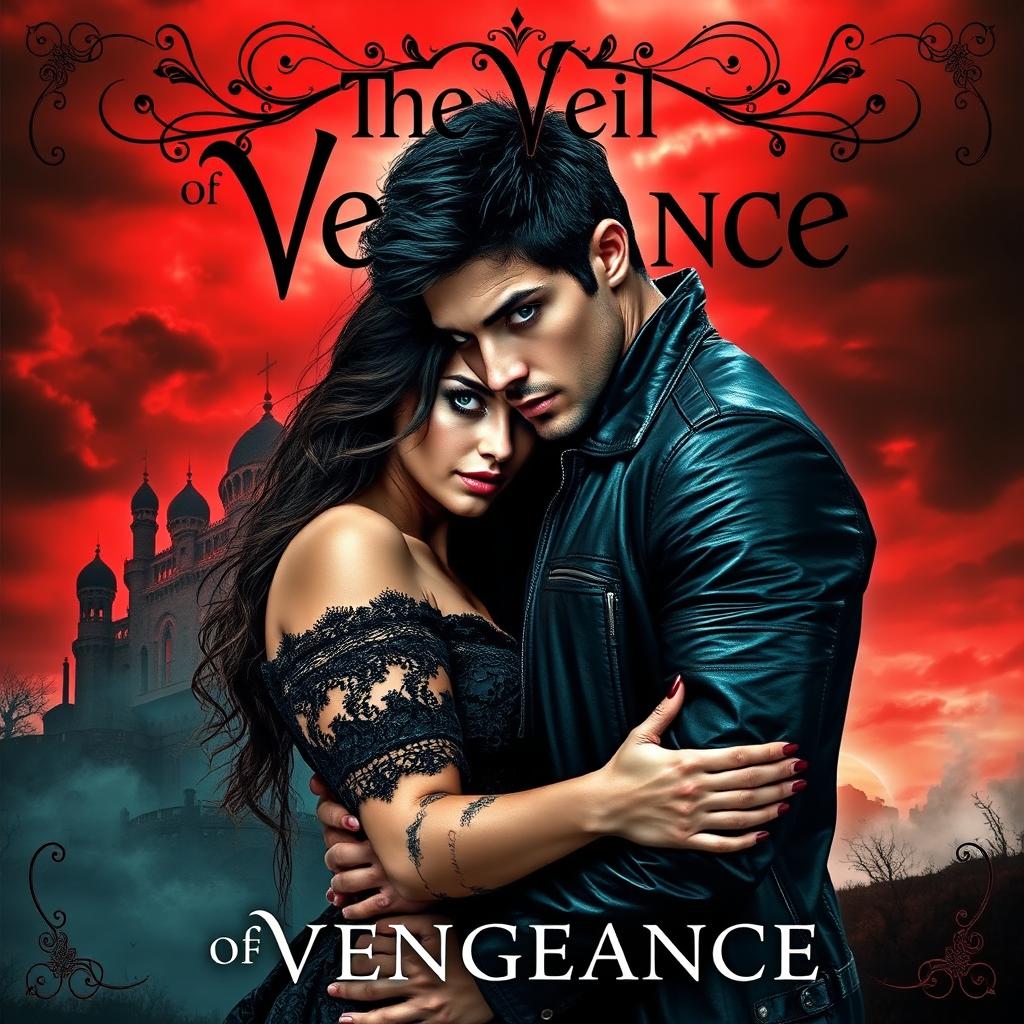 An enchanting book cover for a dark romance novel titled 'The Veil of Vengeance'