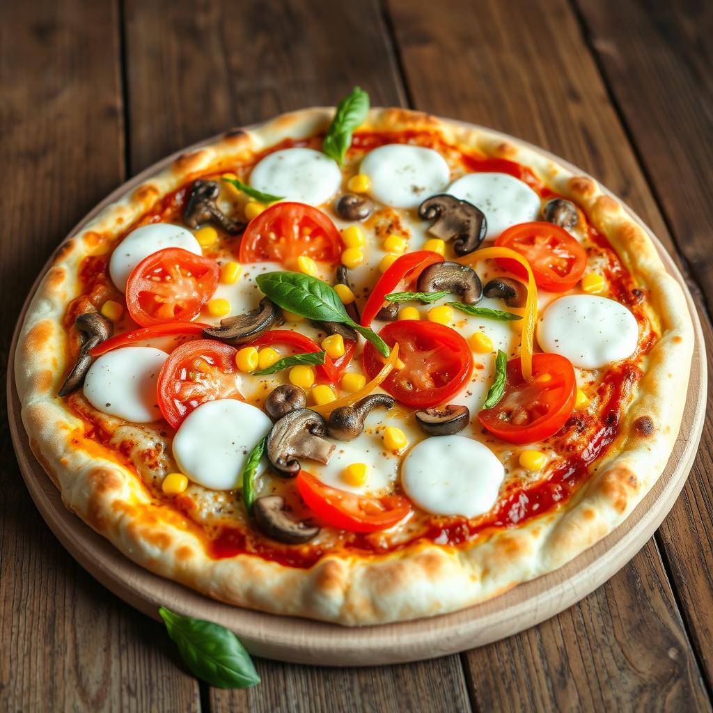 An enticing pizza featuring a combination of fresh, ripe tomatoes, sweet corn, earthy mushrooms, and colorful capsicum strips, all generously covered with melty mozzarella cheese