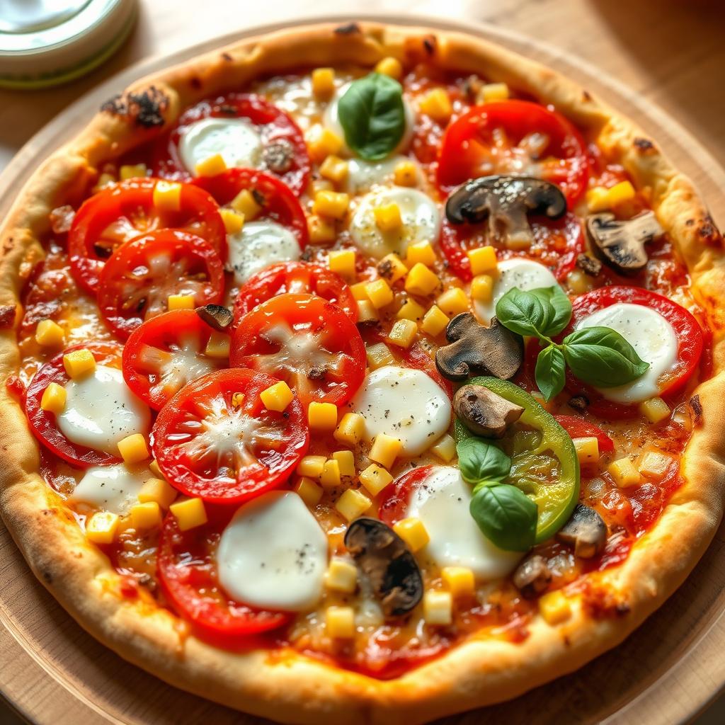 A mouthwatering pizza bursting with freshness, topped with ripe, juicy tomatoes sliced into thick rounds, sweet corn kernels scattered generously for a hint of sweetness, earthy mushrooms sliced and evenly distributed, and crunchy capsicum (bell peppers) in bright green and red hues