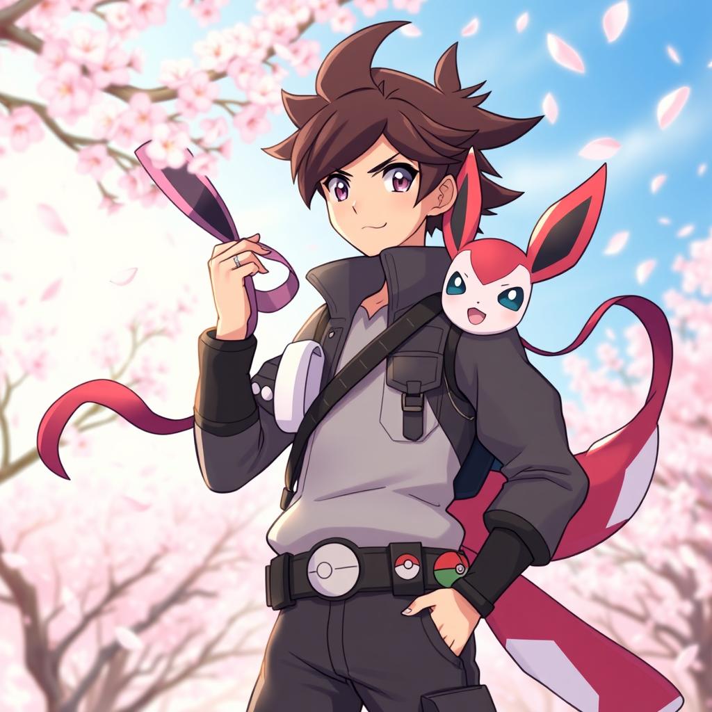 A full-body portrait of a dark brown-haired Pokémon trainer standing confidently with their Sylveon at their side