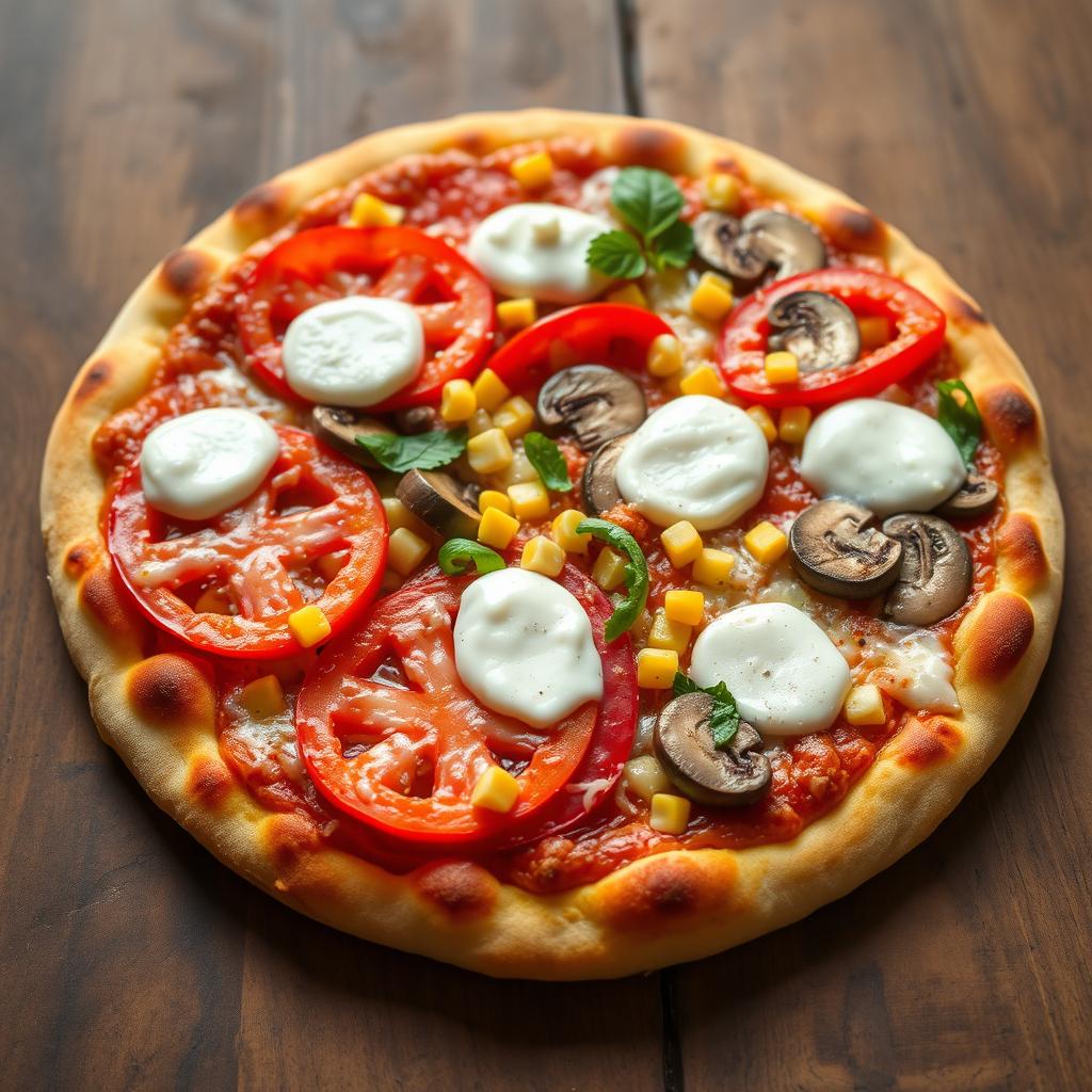 A delectable pizza featuring freshly sliced tomatoes, sweet corn, tender mushrooms, and colorful capsicum, all harmoniously combined and generously topped with melted mozzarella cheese