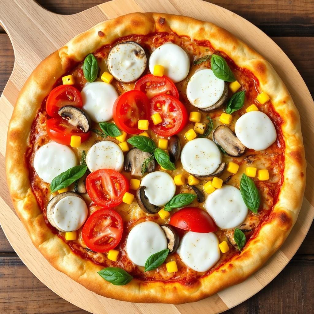 An appetizing pizza featuring a delightful combination of fresh, ripe tomatoes, sweet corn kernels, sliced mushrooms, and colorful capsicum, all generously topped with melted mozzarella cheese