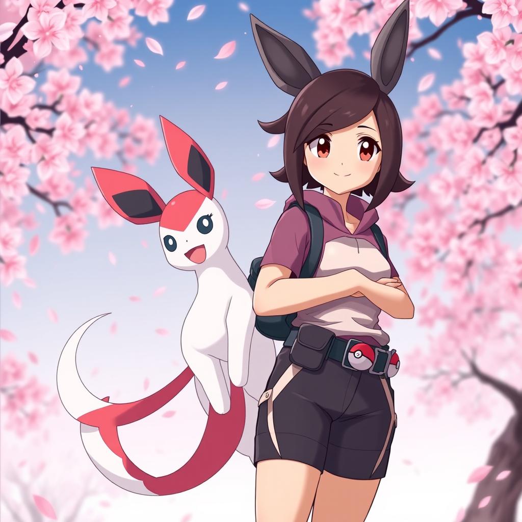 A full-body portrait of a dark brown-haired girl Pokémon trainer standing confidently with her Sylveon by her side