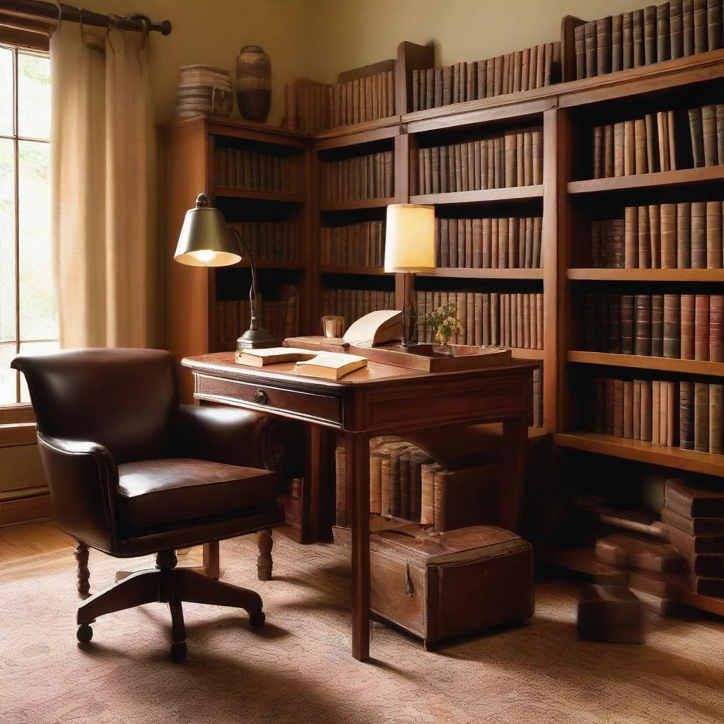 An inviting study room filled with shelves of assorted books, a sturdy oak desk, a comfortable leather chair, and a warm antique lamp shedding soft light creating a cozy ambiance.