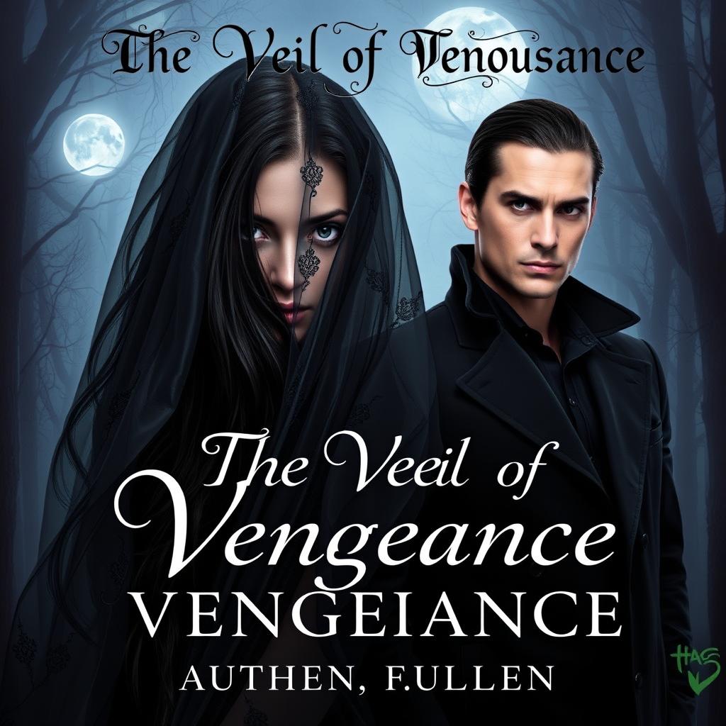 A stunning dark romance book cover titled 'The Veil of Vengeance', featuring a hauntingly beautiful woman with long, flowing black hair partially hidden behind an ornate, translucent veil