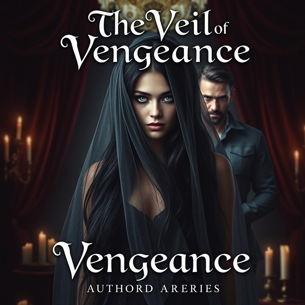 A captivating dark romance book cover titled 'The Veil of Vengeance', featuring a mysterious woman with long, flowing black hair, wearing an intricate, translucent veil that partially obscures her face, allowing only her piercing green eyes to show