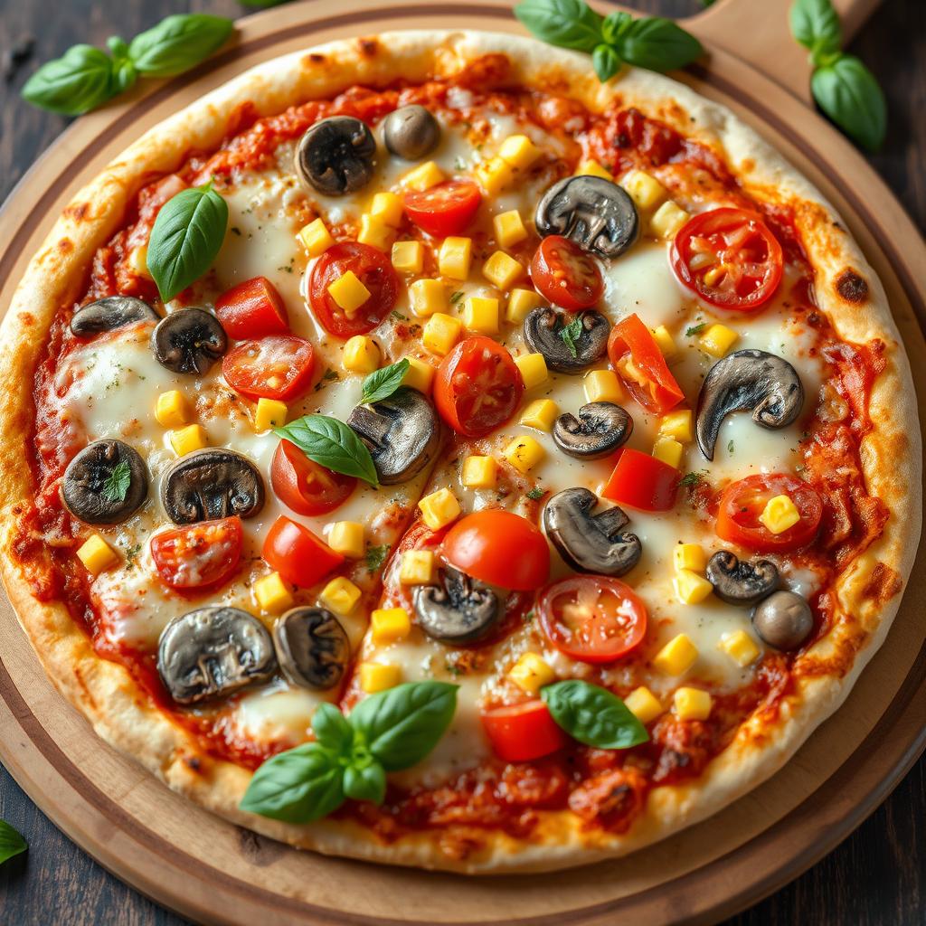 A mouthwatering pizza featuring a delightful array of fresh, juicy tomatoes, sweet corn, sliced mushrooms, and vibrant capsicum bell peppers, all generously layered with gooey, melted mozzarella cheese