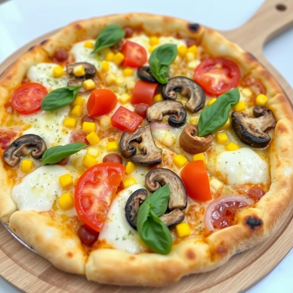 A delicious pizza topped with fresh, ripe tomatoes, sweet corn, sliced mushrooms, and colorful capsicum, all melted together under a blanket of gooey mozzarella cheese